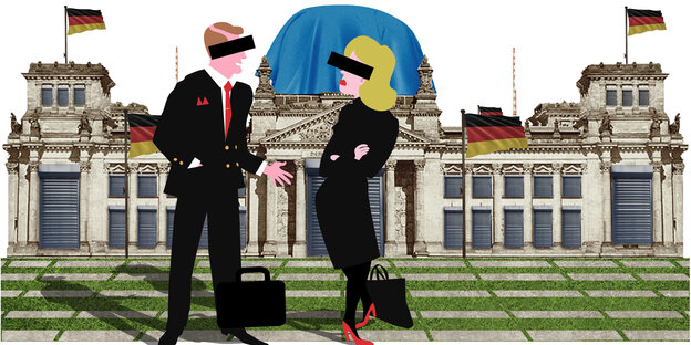 Illustration: Zwei Menschen unterhalten sich vor dem Reichstag Illustration: Zwei Menschen unterhalten sich vor dem Reichstag