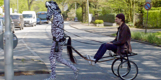 Eie als Zebra verkleidete Person zieht einen Mann auf einem Sulky Eie als Zebra verkleidete Person zieht einen Mann auf einem Sulky