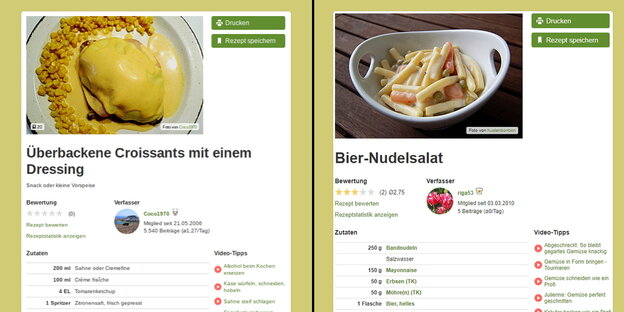 Screenshot von zwei Rezepten: Überbackene Croissants mit einem Dressing und Bier-Nudelsalat Screenshot von zwei Rezepten: Überbackene Croissants mit einem Dressing und Bier-Nudelsalat