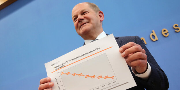 Olaf Scholz hält ein Papier in der Hand und lächelt Olaf Scholz hält ein Papier in der Hand und lächelt