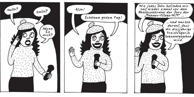 Ein Auszug aus einem Comic zeigt auf drei Bildern eine Frau mit Sprechblasen um sie herum Ein Auszug aus einem Comic zeigt auf drei Bildern eine Frau mit Sprechblasen um sie herum