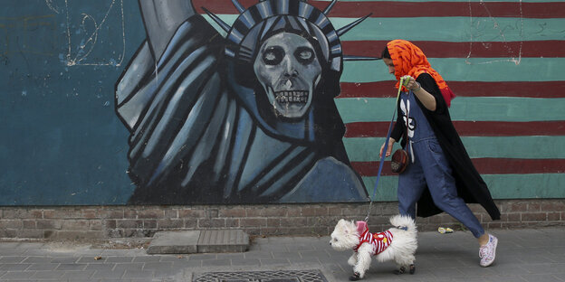 Eine Frau mit Hund geht an einem Grafitto einer Freiheitsstatue mit Totenkopf-Gesicht vorbei Eine Frau mit Hund geht an einem Grafitto einer Freiheitsstatue mit Totenkopf-Gesicht vorbei
