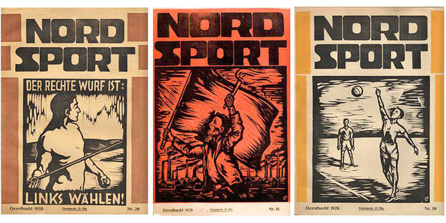 Drei Titelblätter der Zeitung Nordsport. Sie zeigen Holzschnitte von Sportlern und Arbeitern. Drei Titelblätter der Zeitung Nordsport. Sie zeigen Holzschnitte von Sportlern und Arbeitern.