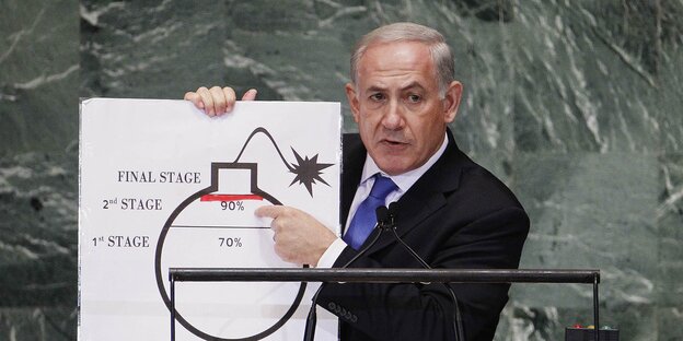 Der israelische Premierminister Benjamin Netanju zeigt eine Ilustration zum iranischen Atomprogramm. Der israelische Premierminister Benjamin Netanju zeigt eine Ilustration zum iranischen Atomprogramm.