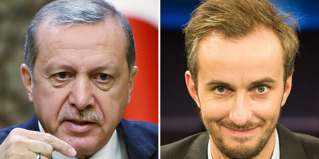 Links der Kopf des türkischen Präsidenten Erdogan, daneben der Kopf des Fernsehmoderators Böhmermann Links der Kopf des türkischen Präsidenten Erdogan, daneben der Kopf des Fernsehmoderators Böhmermann