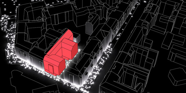 dunkle 3-D-Grafik, Stadtausschnitt mit einem in roter farbe hervorgehobenen Haus dunkle 3-D-Grafik, Stadtausschnitt mit einem in roter farbe hervorgehobenen Haus