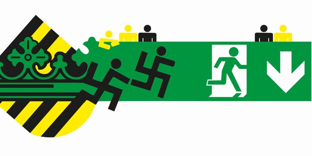 Eine Illustration zeigt Exitzeichen mit verfremdeten Hakenkreuzen und das sächsische Landeswappen Eine Illustration zeigt Exitzeichen mit verfremdeten Hakenkreuzen und das sächsische Landeswappen