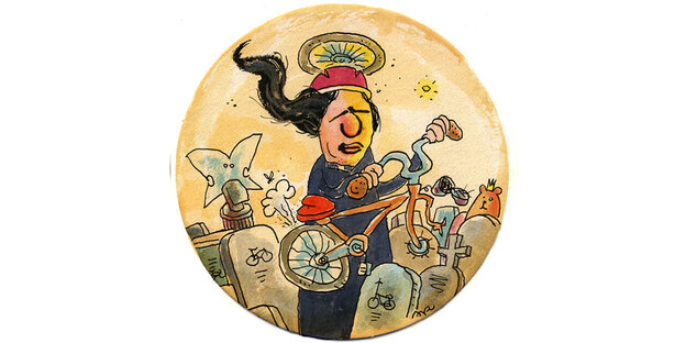 Karikatur, die einen Mann zeigt - mit langen Haaren und Heiligenschein. Er steht zwischen Gräbern und hält ein Fahrrad in der Hand Karikatur, die einen Mann zeigt - mit langen Haaren und Heiligenschein. Er steht zwischen Gräbern und hält ein Fahrrad in der Hand