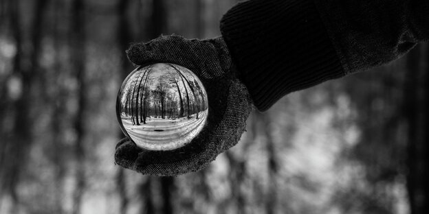 Eine beschandschuhte Hand hält eine Glaskugel, in der sich Bäume spiegeln Eine beschandschuhte Hand hält eine Glaskugel, in der sich Bäume spiegeln