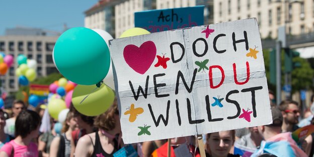 Schild mit Aufschrift "Liebe doch, wen du willst" Schild mit Aufschrift "Liebe doch, wen du willst"