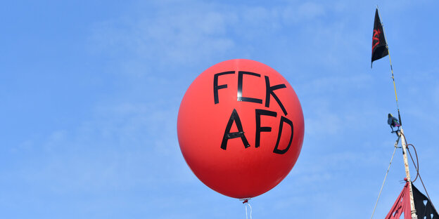 Ein Luftballon vor blauem Himmel. Auf ihm steht: "FCK AFD" Ein Luftballon vor blauem Himmel. Auf ihm steht: "FCK AFD"