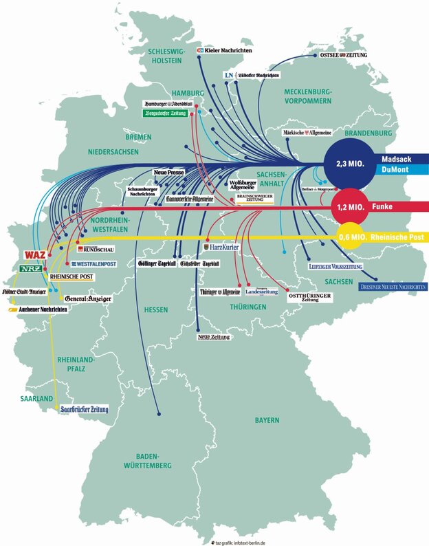Eine Karte zeigt die Lokalredaktionen von Madack, DuMont, Funk und Rheinische Post Eine Karte zeigt die Lokalredaktionen von Madack, DuMont, Funk und Rheinische Post