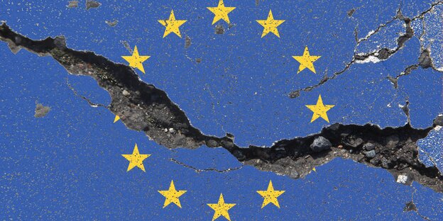 Die Europafahne auf Asphalt gemalt, der aber einen großen Riss aufweist Die Europafahne auf Asphalt gemalt, der aber einen großen Riss aufweist