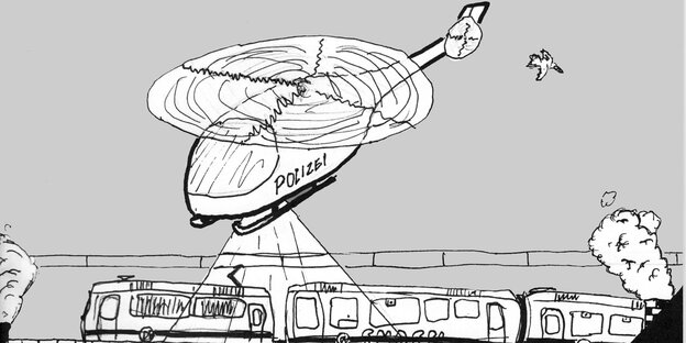 Eine Zeichnung, die einen tief fliegenden Polizeihubschrauber zeigt Eine Zeichnung, die einen tief fliegenden Polizeihubschrauber zeigt