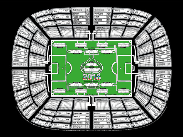 Draufsicht auf ein computeranimiertes Spielfeld in einem Stadion, das zugleich als Spielplan dient Draufsicht auf ein computeranimiertes Spielfeld in einem Stadion, das zugleich als Spielplan dient