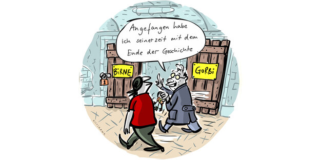 Zwei gezeichnete Figuren unterhalten sich im Gehen Zwei gezeichnete Figuren unterhalten sich im Gehen