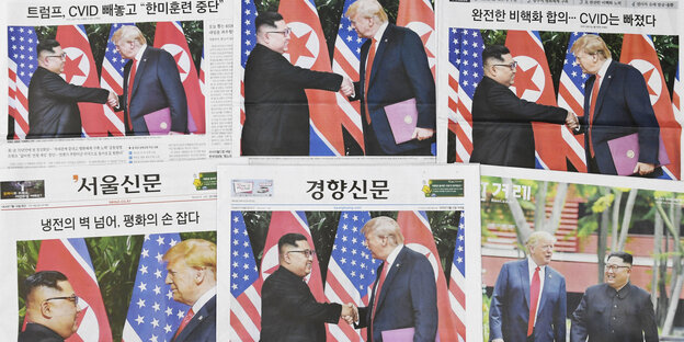 Die Titelblätter mehrerer südkoreanischer Zeitungen zeigen US-Präsident Donald Trump und Nordkoreas Machthaber Kim Jong Un Die Titelblätter mehrerer südkoreanischer Zeitungen zeigen US-Präsident Donald Trump und Nordkoreas Machthaber Kim Jong Un
