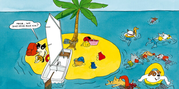 Bunte Hunde schwimmen um eine Insel im Meer herum Bunte Hunde schwimmen um eine Insel im Meer herum