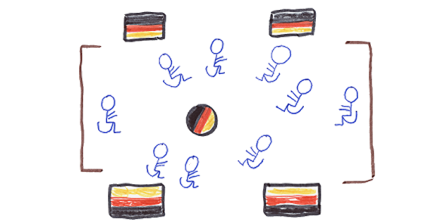 Die Zeichnung zeigt Menschen im Rollstuhl auf einem Fußballfeld, drumherum sind Deutschlandfahnen Die Zeichnung zeigt Menschen im Rollstuhl auf einem Fußballfeld, drumherum sind Deutschlandfahnen