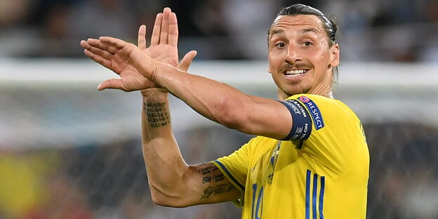 Schwedens Ex-Kapitän Zlatan Ibrahimovc gestikuliert und grinst während eines Spiels Schwedens Ex-Kapitän Zlatan Ibrahimovc gestikuliert und grinst während eines Spiels