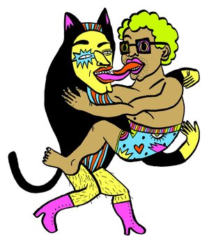 Zwei bunte und teilweise verkleidete Personen schlabbern aneinander Zwei bunte und teilweise verkleidete Personen schlabbern aneinander