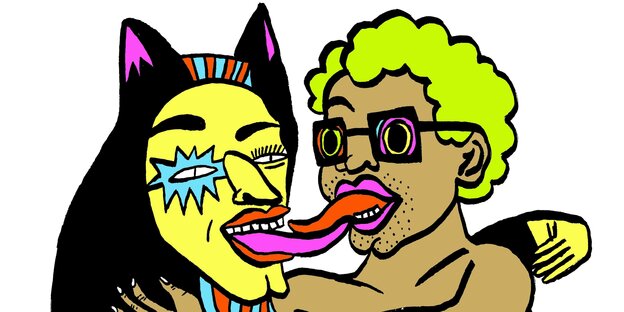 Zwei bunte und teilweise verkleidete Personen schlabbern aneinander Zwei bunte und teilweise verkleidete Personen schlabbern aneinander