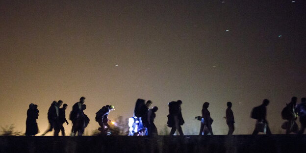die dunklen Silhouetten von Menschen, die hintereinander vor einem blaß erleuchteten Nachthimmel entlanggehen die dunklen Silhouetten von Menschen, die hintereinander vor einem blaß erleuchteten Nachthimmel entlanggehen