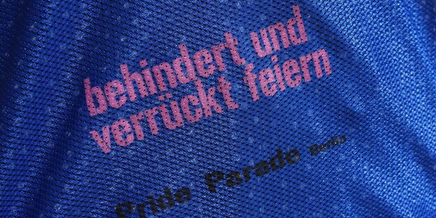 Pinke Schrift auf blauem Grund: "behindert und verrückt feiern" Pinke Schrift auf blauem Grund: "behindert und verrückt feiern"