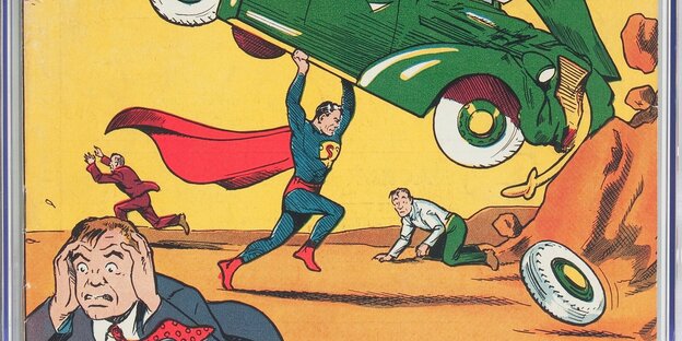 Die Comicfigur Superman hebt ein grünes Auto hoch, daneben ein Mann auf den Knien, vorne eine weitere verzweifelt blickende Figur, die sich die Hände im Gesicht zusammenschlägt Die Comicfigur Superman hebt ein grünes Auto hoch, daneben ein Mann auf den Knien, vorne eine weitere verzweifelt blickende Figur, die sich die Hände im Gesicht zusammenschlägt