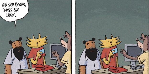 Comicbilder: Ein Kater zückt im Laden seine Kreditkarte, ein Hund daneben sagt: "Ich sehe genau, dass sie lügt" (die Kassiererin) Comicbilder: Ein Kater zückt im Laden seine Kreditkarte, ein Hund daneben sagt: "Ich sehe genau, dass sie lügt" (die Kassiererin)