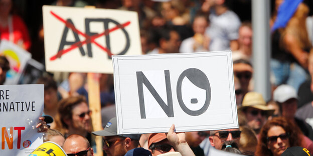 Demonstrant*innen bei einer Anti-AfD-Demo halten Schilder mit einem durchgestrichenen AfD-Schriftzug und einem „No“ mit Hitlerfrisur und -bart in die Höhe Demonstrant*innen bei einer Anti-AfD-Demo halten Schilder mit einem durchgestrichenen AfD-Schriftzug und einem „No“ mit Hitlerfrisur und -bart in die Höhe
