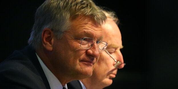 Jörgen Meuthen im Profil, dahinter Alexander Gauland im Profil Jörgen Meuthen im Profil, dahinter Alexander Gauland im Profil