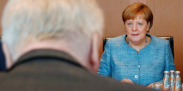 Der Hinterkopf Horst Seehofers, der Angela Merkel gegenüber sitzt Der Hinterkopf Horst Seehofers, der Angela Merkel gegenüber sitzt