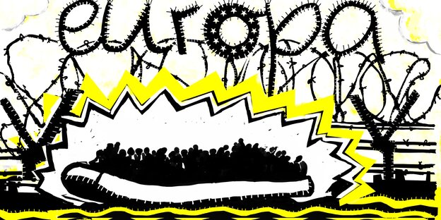 Ein Schlauchboot und Stacheldraht Ein Schlauchboot und Stacheldraht