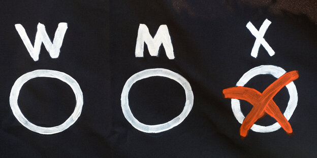 Ein Banner mit den drei Wahlmöglichkeiten W, M und X. Ein Banner mit den drei Wahlmöglichkeiten W, M und X.