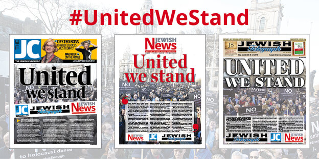 Titelseiten dreier Zeitungen mit der Überschrift „United We Stand“