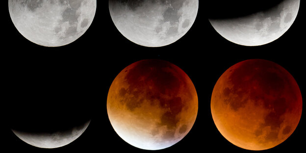 Zwei mal drei Monde nebeneinander, die die Phasen einer Mondfinsternis zeigen Zwei mal drei Monde nebeneinander, die die Phasen einer Mondfinsternis zeigen