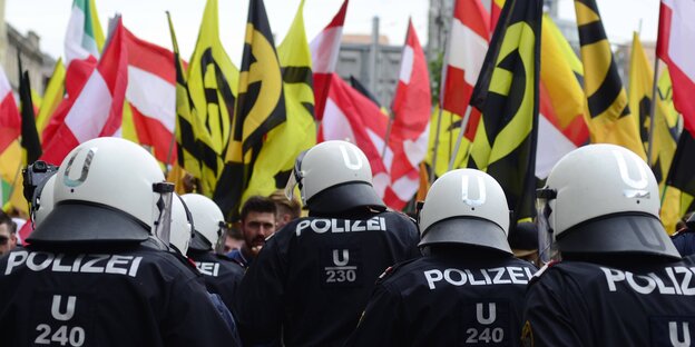 Polizisten stehen vor Demonstranten mit Flaggen Polizisten stehen vor Demonstranten mit Flaggen