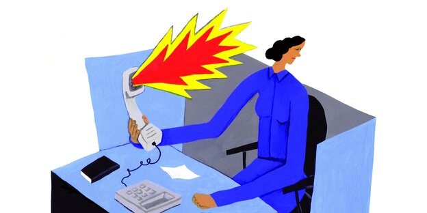 Illustration einer Frau an einem Schreibtisch, aus dem Telefonhörer schlagen Flammen Illustration einer Frau an einem Schreibtisch, aus dem Telefonhörer schlagen Flammen