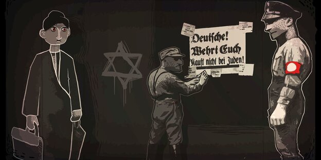Avatare im Videospiel vor Schild "Deutsche! Wehrt euch kauft nicht bei Juden!" Avatare im Videospiel vor Schild "Deutsche! Wehrt euch kauft nicht bei Juden!"