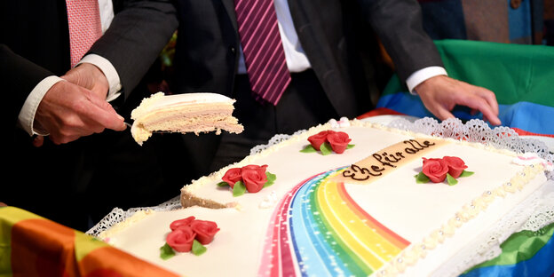 Zwei Krawattenträger schneiden Torte mit Regenbogen-Glasur und Aufschrift "Ehe für alle" an Zwei Krawattenträger schneiden Torte mit Regenbogen-Glasur und Aufschrift "Ehe für alle" an