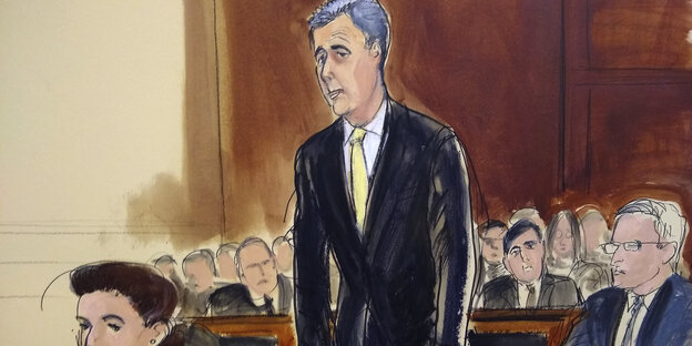In einer Gerichtssaalskizze plädiert Michael Cohen, ehemaliger persönlicher Anwalt des US-Präsidenten Trump, für schuldig In einer Gerichtssaalskizze plädiert Michael Cohen, ehemaliger persönlicher Anwalt des US-Präsidenten Trump, für schuldig