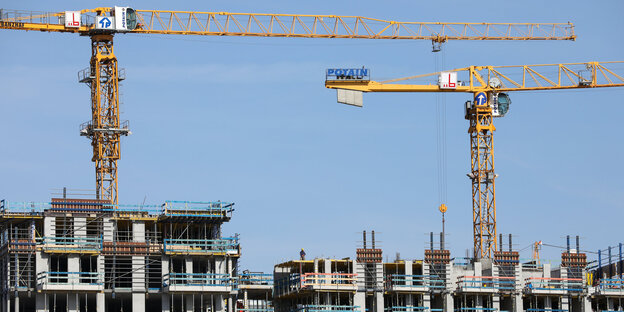 Zwei Kräne über einer Baustelle