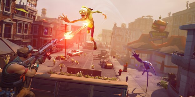 Eine Szene aus dem Videospiel Fortnite: Ein gelbes Männchen springt in die Luft und wird dabei von einem anderen Männchen abgeschossen Eine Szene aus dem Videospiel Fortnite: Ein gelbes Männchen springt in die Luft und wird dabei von einem anderen Männchen abgeschossen