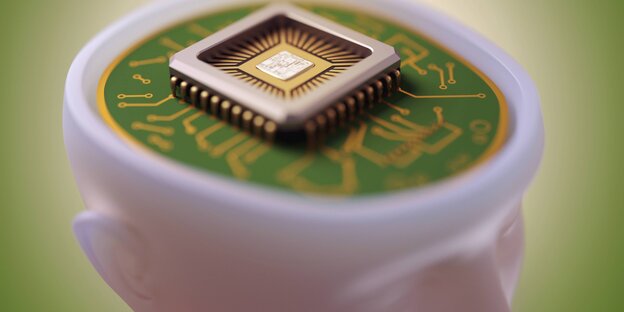 Grafische Darstellung: ein Chip im Gehirn eines Menschen