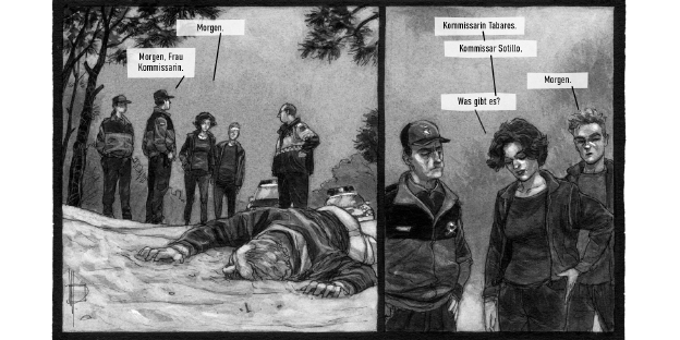 Ein Ausschnitt aus einem Comic: Fünf Personen sind zu sehen, eine weitere liegt im Vordergrund auf dem Waldboden, anscheinend tot. Die Mitarbeiter begrüßen die Kommisarin.