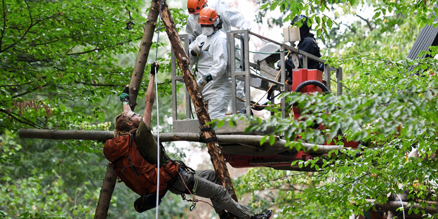 Kletterer der Polizei versuchen einen Umweltaktivisten, der an einem Holzpfahl im Hambacher Forst hängt, festzunehmen Kletterer der Polizei versuchen einen Umweltaktivisten, der an einem Holzpfahl im Hambacher Forst hängt, festzunehmen