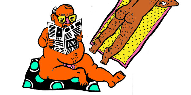 Die Illustration zeigt nackte Menschen auf Handtüchern sitzend und liegend Die Illustration zeigt nackte Menschen auf Handtüchern sitzend und liegend