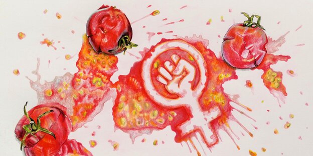 Illustration geworfener Tomaten mit einem Frauenkampfsymbol Illustration geworfener Tomaten mit einem Frauenkampfsymbol