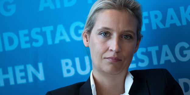 Vorsitzende der AfD-Bundestagsfraktion Alice Weidel sitzt vor einer Wand mit der Aufschrift „Fraktion im Bundestag“ Vorsitzende der AfD-Bundestagsfraktion Alice Weidel sitzt vor einer Wand mit der Aufschrift „Fraktion im Bundestag“